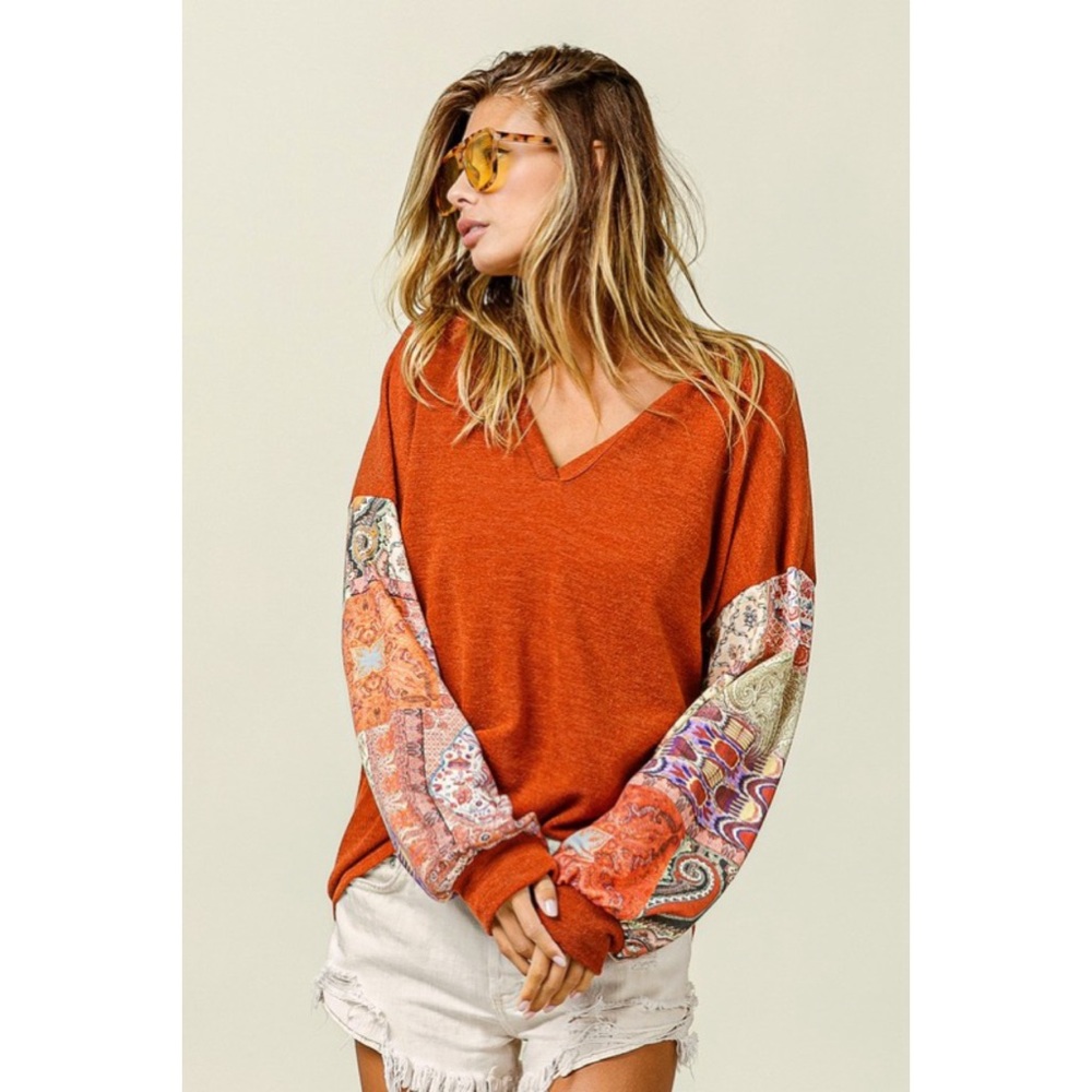 NEW! Bibi V Neck Rust Butter Soft Top w/Patchwork Sleeves! - Picture 3 of 10